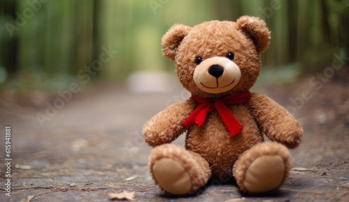 A photo of a teddy bear with a red ribbon, exuding charm and cuteness. Based on Generative Ai. © Dind's_Project