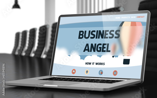 Modern Conference Hall with Laptop Showing Landing Page with Text Business Angel. Closeup View. Toned. Blurred Image. 3D.