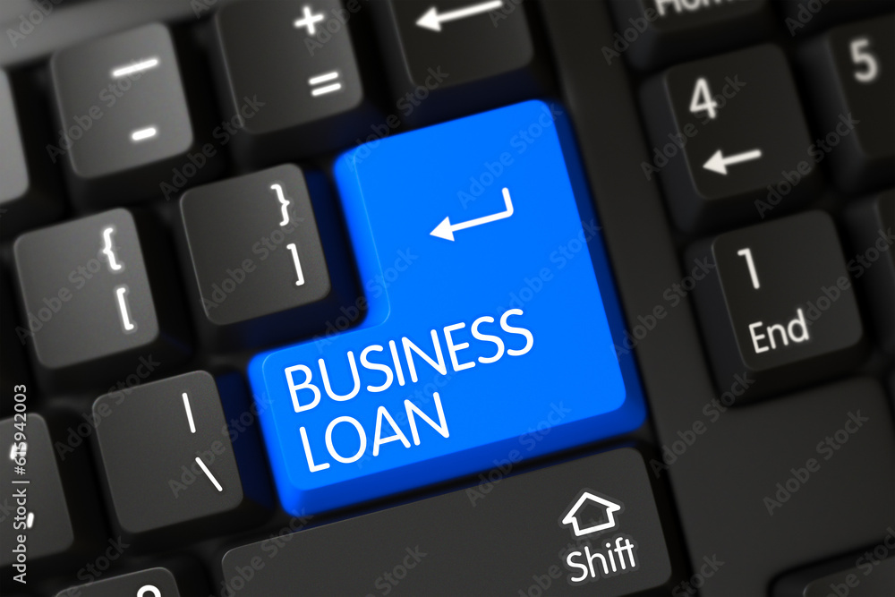 Concepts of Business Loan on Blue Enter Button on PC Keyboard. 3D Render. Concepts of Business Loan on Blue Enter Button on PC Keyboard. 3D Render.