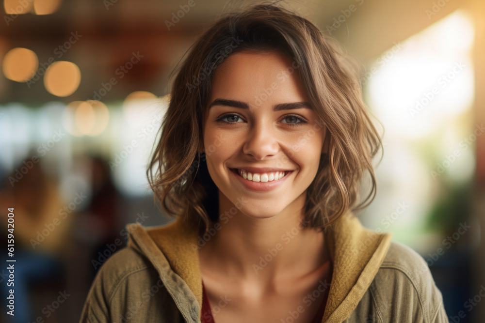 Beautiful young woman with big smile on her face, radiating happiness and joy. From her bright, sparkling eyes to flawless complexion and well-groomed appearance. Generative AI Technology. Beautiful young woman with big smile on her face, radiating happiness and joy. From her bright, sparkling eyes to flawless complexion and well-groomed appearance. Generative AI Technology.