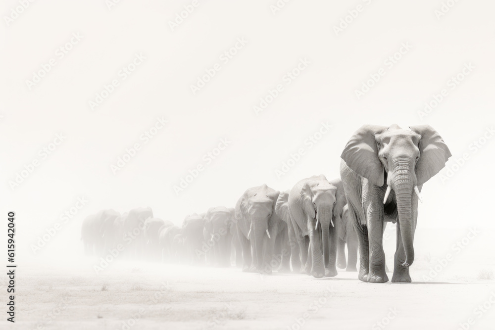 Grandeur and grace of herd of elephants making their way across vast savannah. Towering creatures, their wrinkled skin and flapping ears. Generative AI Technology. Grandeur and grace of herd of elephants making their way across vast savannah. Towering creatures, their wrinkled skin and flapping ears. Generative AI Technology.