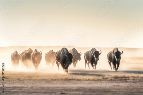 Raw power and majesty of nature as herd of bison roam vast savannah. Generative AI Technology.