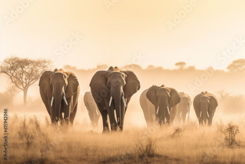 Grandeur and grace of herd of elephants making their way across vast savannah. Towering creatures, their wrinkled skin and flapping ears. Generative AI Technology.