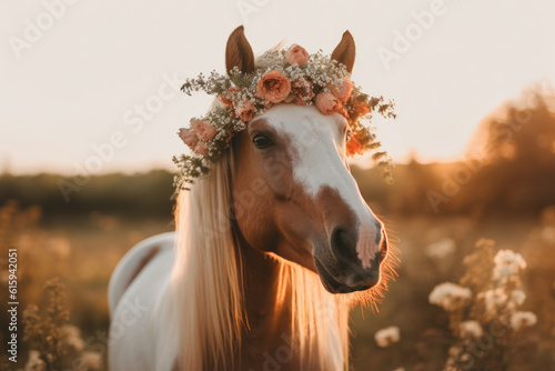 Beauty and grace of majestic horse adorned with delicate flower wreath around its head. Elegance, while wreath symbolises purity, beauty and femininity. Generative AI Technology. photo