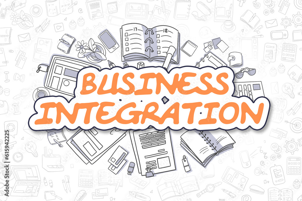 Business Integration - Hand Drawn Illustration with Doodles. Orange Inscription - Business Integration - Cartoon Business Concept.