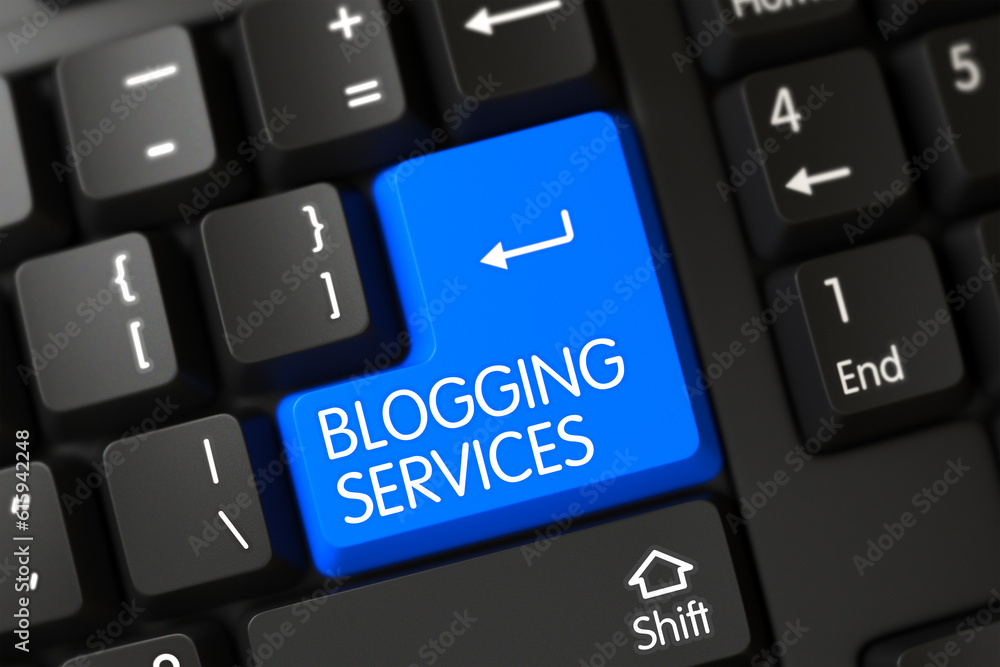 Blue Blogging Services Key on Keyboard. 3D Render. Blue Blogging Services Key on Keyboard. 3D Render.