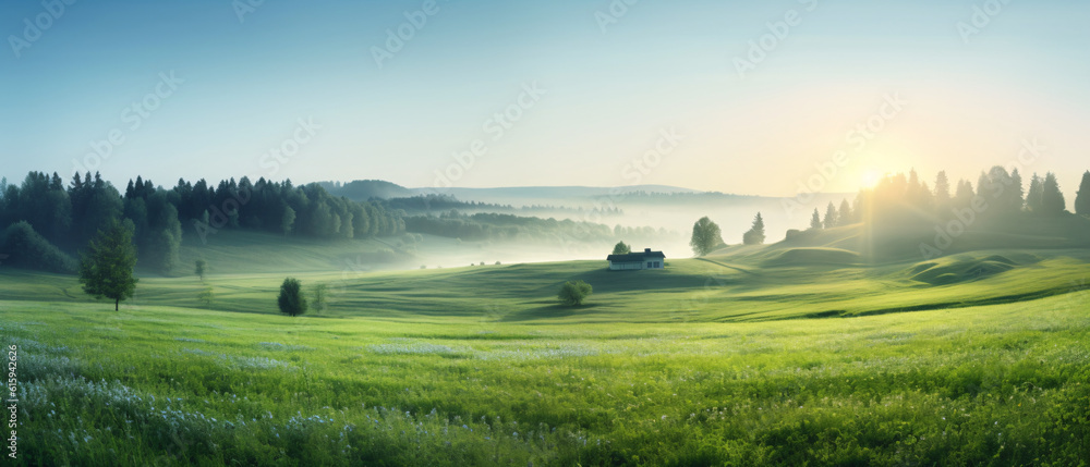 Beautiful summer natural landscape with lawn with cut fresh grass in early morning with light fog. Panoramic spring background, --aspect 21:9