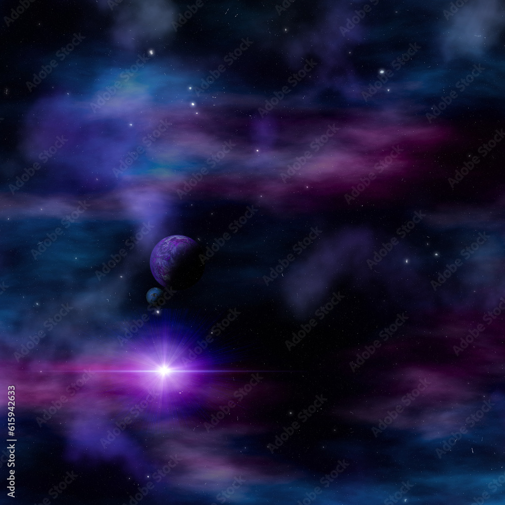 3D render of a space scene with fictional planets