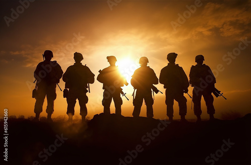 A squad of soldiers walking across the landscape silhouetted against the rising sun.  Generative AI.