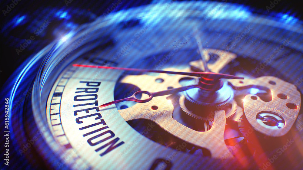 Protection. on Watch Face with Close View of Watch Mechanism. Time Concept. Lens Flare Effect. Watch Face with Protection Phrase on it. Business Concept with Lens Flare Effect. 3D. Protection. on Watch Face with Close View of Watch Mechanism. Time Concept. Lens Flare Effect. Watch Face with Protection Phrase on it. Business Concept with Lens Flare Effect. 3D.