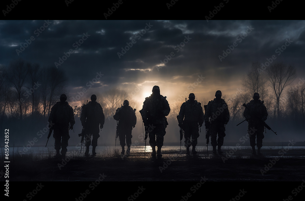 A squad of soldiers walking in a snowy landscape silhouetted against the rising sun.  Generative AI.