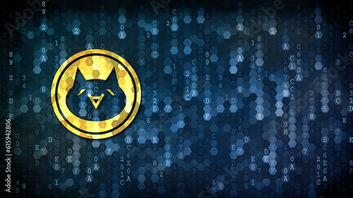 Monacoin Blockchain Cryptocurrency. Yellow Icon on Dark Digital Background with Empty Copyspace for Your Web Design. photo