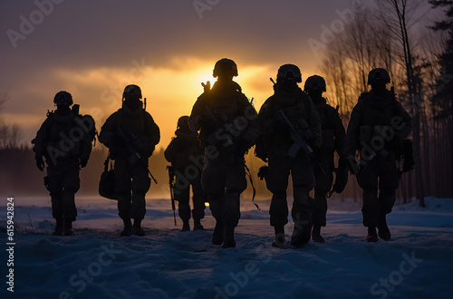 A squad of soldiers walking in a snowy landscape silhouetted against the rising sun.  Generative AI. © Inge