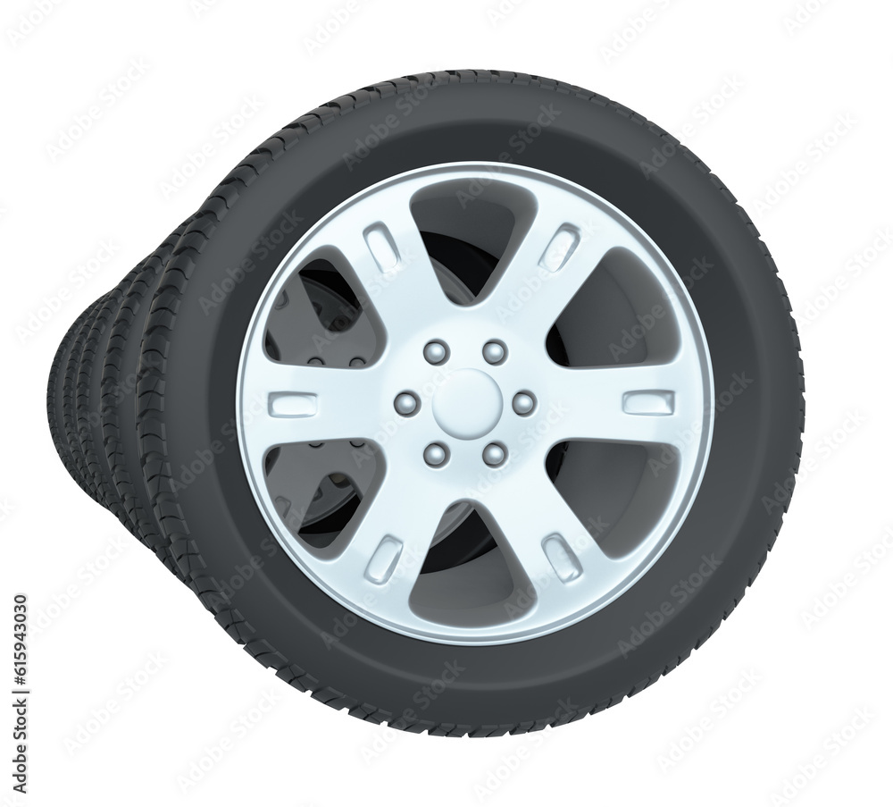 Car tires in row, isolated on white background. 3d illustration Car tires in row, isolated on white background. 3d illustration