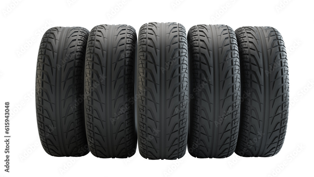 Car tires in row, isolated on white background. 3d illustration Car tires in row, isolated on white background. 3d illustration