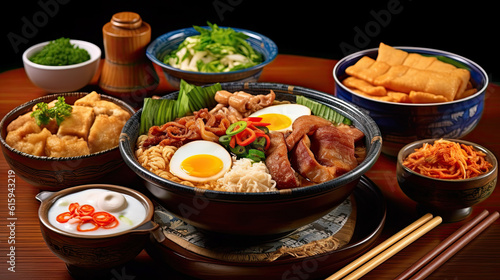 some food and chops on a wooden table in front of a black background with an asian - style bowl