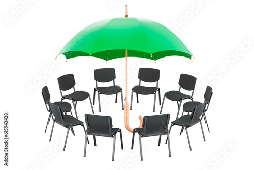 Umbrella with chairs in a circle  3D rendering