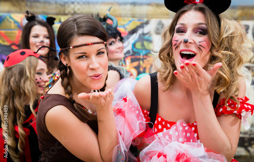 Happy girls on Rose Monday celebrating German Fasching Carnival