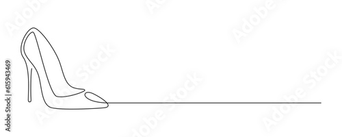 One continuous line drawing of high heels. Woman fashion shoes in simple linear style. Dance and shop banner in editable stroke. Doodle vector illustration