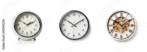 collection Set of retro vintage and modern stylish bedside alarm clocks and wall clocks isolated on transparent background - Generative AI