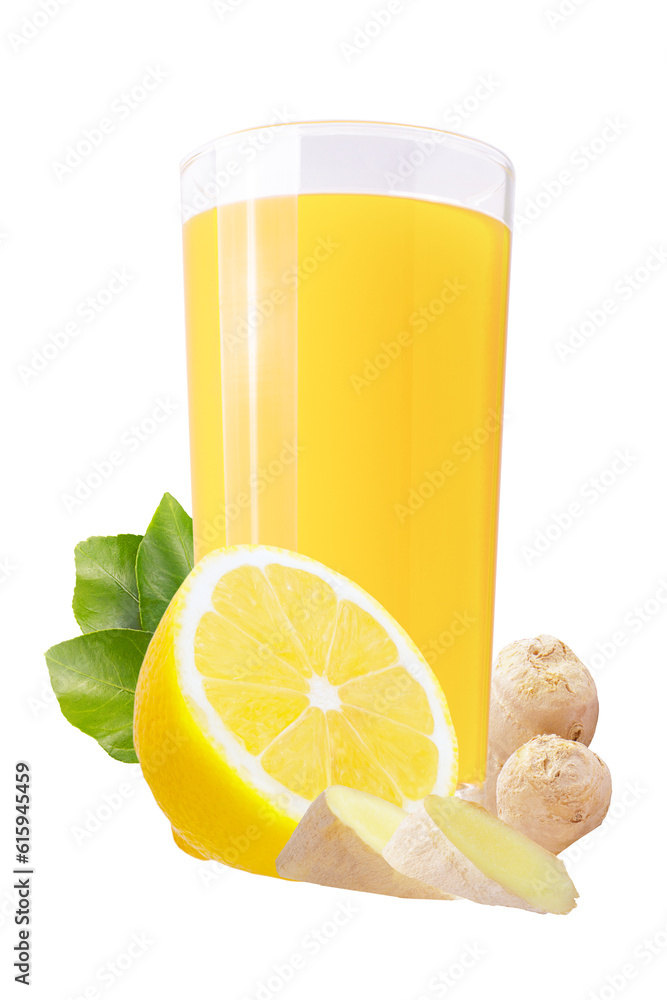 Isolated citrus juice. Glass with fresh lemon and ginger juice and cut fruits with leaves isolated on white background Isolated citrus juice. Glass with fresh lemon and ginger juice and cut fruits with leaves isolated on white background