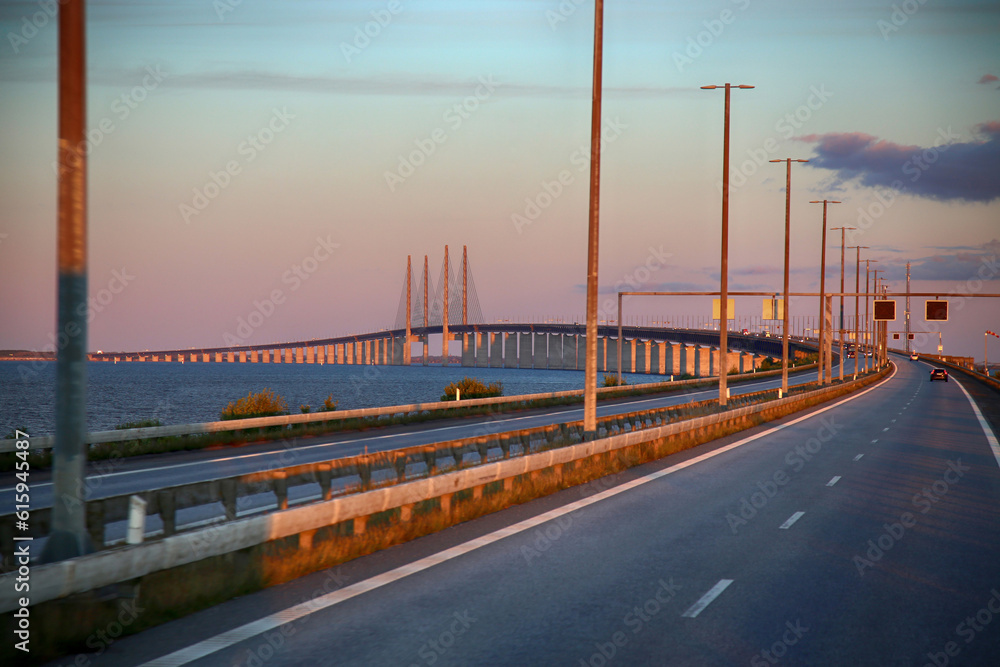 View on Oresund bridge between Sweden and Denmark at sunset View on Oresund bridge between Sweden and Denmark at sunset