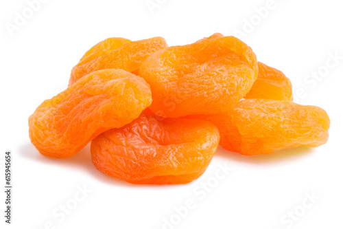 A pile of dried apricots isolated on white background with a light shadow
