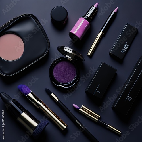 set of decorative cosmetics and makeup products on color background 