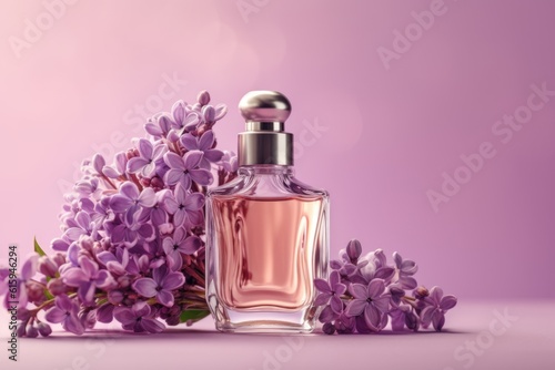 Glass perfume bottle with lilac flowers on a lilac background. AI generated