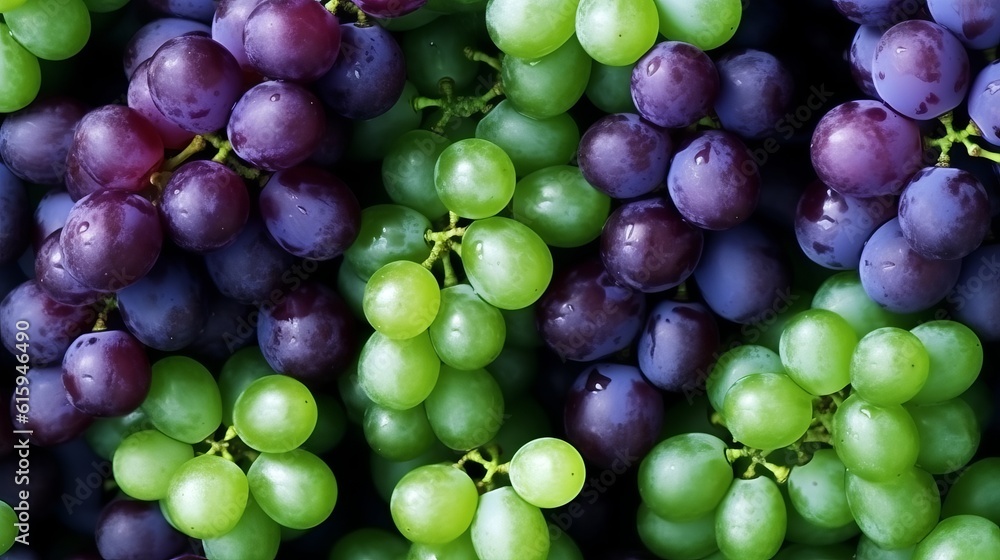 bunch of grapes of different varieties, different ampelography berries, juicy fruits. Close-up. Healthy snack with juicy fruits, Winemaking, house wine. Generative AI
