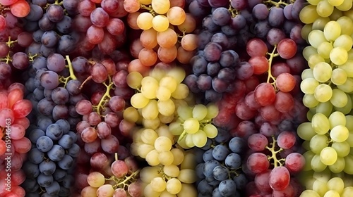 bunch of grapes of different varieties, different ampelography berries, juicy fruits. Close-up. Healthy snack with juicy fruits, Winemaking, house wine. Generative AI 