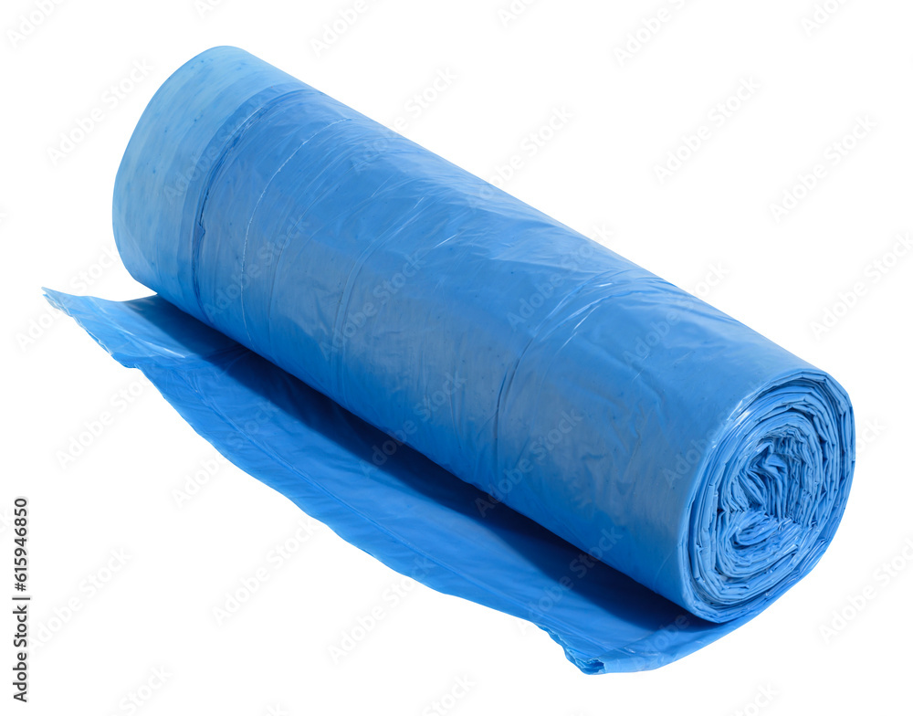 Blue plastic trash bags with strings on white background, close up Blue plastic trash bags with strings on white background, close up