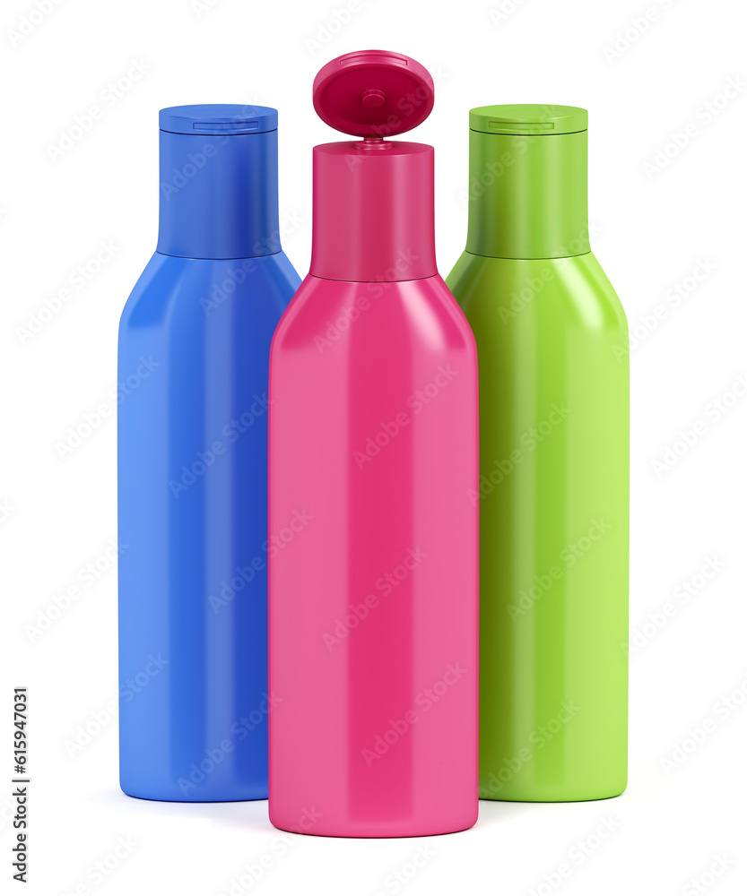 Three plastic bottles for cosmetic liquids with different colors Three plastic bottles for cosmetic liquids with different colors