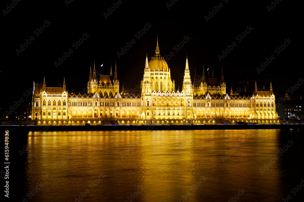 Night view on the Hungarian Parliament Building in Budapest