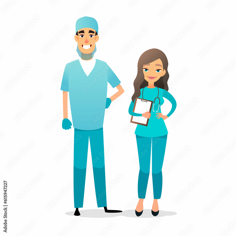 Doctor and nurse team. Cartoon medical staff. Medical team concept. Surgeon, nurse on hospital. Professional health workers. Flat characters isolated on white