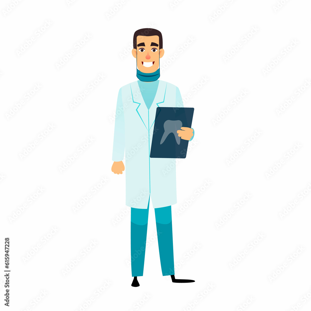 Dentist flat cartoon character. Stomatologist is holding an x-ray of the tooth. Doctor with radiograph. Dentist healthcare, profession, stomatology and medicine concept Dentist flat cartoon character. Stomatologist is holding an x-ray of the tooth. Doctor with radiograph. Dentist healthcare, profession, stomatology and medicine concept