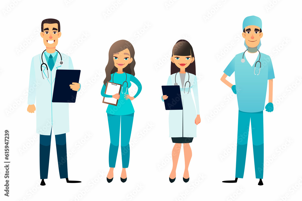 Doctors and nurses team. Cartoon medical staff. Medical team concept. Surgeon, nurse and therapist on hospital. Professional health workers