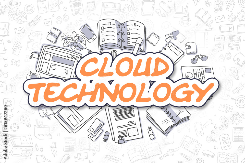 Cartoon Illustration of Cloud Technology, Surrounded by Stationery. Business Concept for Web Banners, Printed Materials.