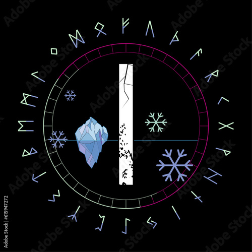 Design for a runic letter t-shirt called Isa next to an iceberg and the symbol of ice isolated on black. Runic alphabet in circular design.