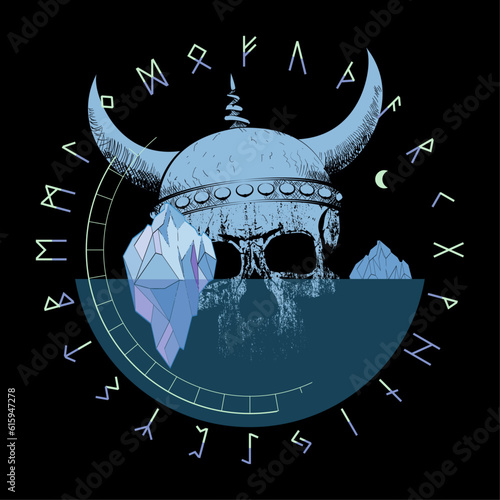 T-shirt design of a Viking skull with an iceberg. Vector illustration of the runic alphabet.