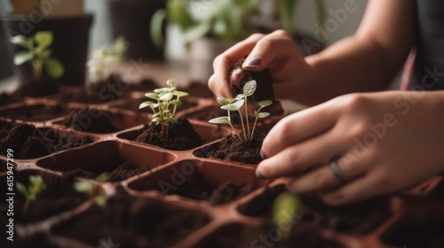 close-up female hands planting seedlings in the ground in pots. Generative AI