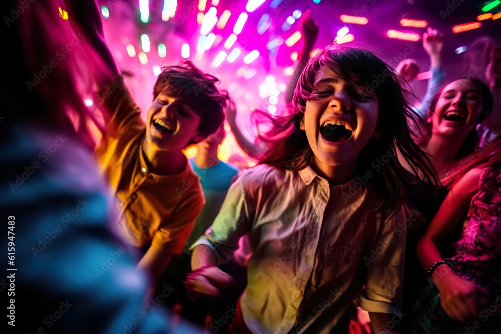 Happy teenagers enjoy a disco dancing. Generative Ai Happy teenagers enjoy a disco dancing. Generative Ai