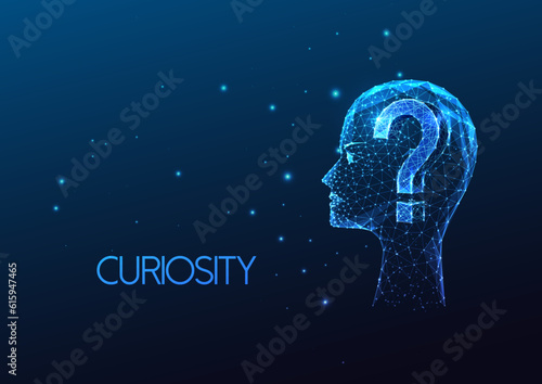 Curiosity, problem solving, intellectual exploration futuristic concept with head and question mark