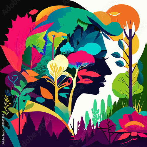 AI-inspired human head on a colorful background, generative ai, illustration