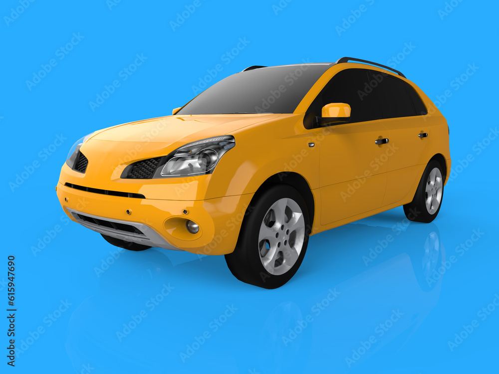Naklejka premium Compact city crossover yellow color on a blue background. Left front view. 3d rendering