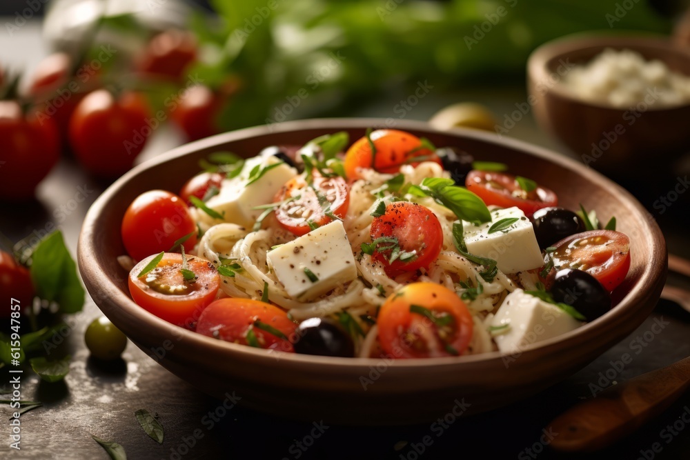 Rice salad infused with Mediterranean flavors, such as feta cheese, olives, cherry tomatoes, and fresh herbs, capturing the essence of the region's cuisine. Generative Ai Rice salad infused with Mediterranean flavors, such as feta cheese, olives, cherry tomatoes, and fresh herbs, capturing the essence of the region's cuisine. Generative Ai
