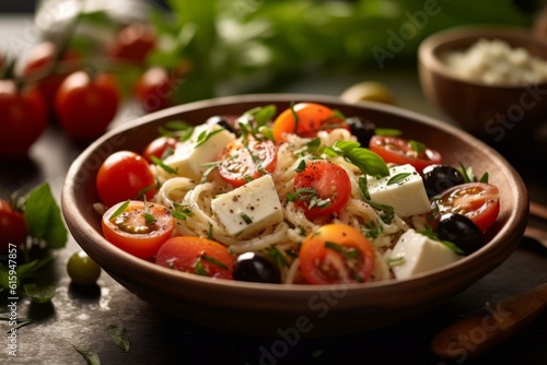 Rice salad infused with Mediterranean flavors, such as feta cheese, olives, cherry tomatoes, and fresh herbs, capturing the essence of the region's cuisine. Generative Ai