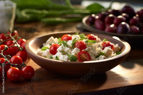 Rice salad infused with Mediterranean flavors, such as feta cheese, olives, cherry tomatoes, and fresh herbs, capturing the essence of the region's cuisine. Generative Ai