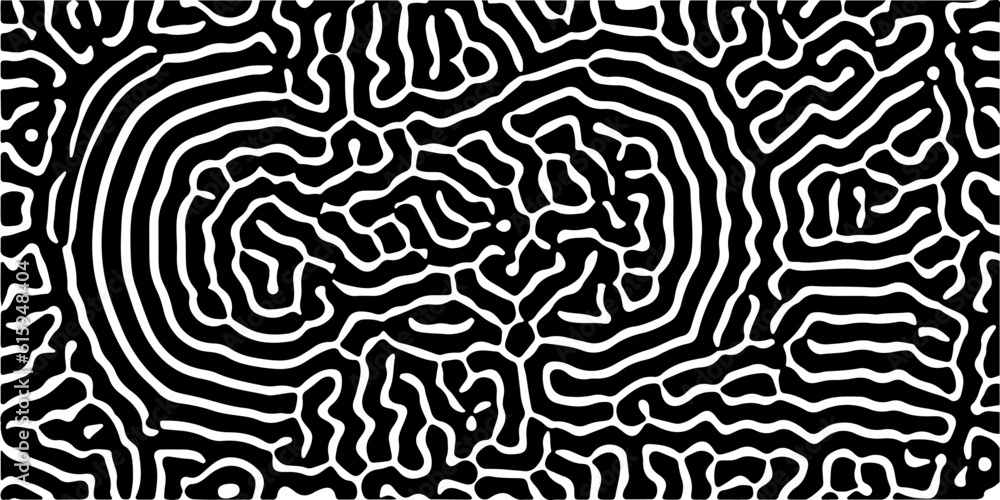 Abstract black and white organic pattern created using a computer generative algorithm called reaction-diffusion.