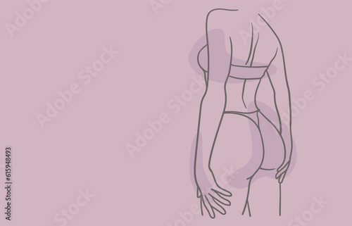 Body woman line art drawing with shapes on pink background. Cosmetics design, sports body. Minimal design. Vector illustration outline